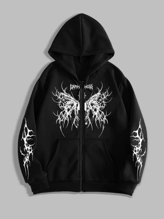 Men’s Gothic Zip-Up Hoodie with Dark Wing Print — A Bold Statement in Streetwear