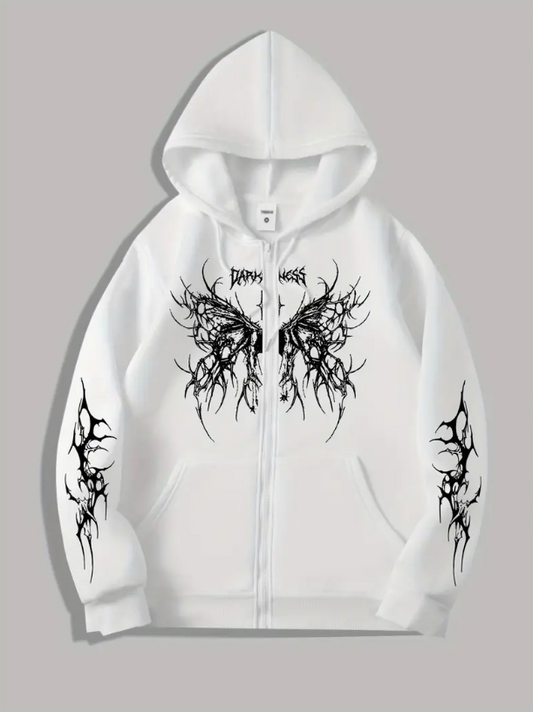 Men’s Gothic Zip-Up Hoodie with Dark Wing Print — A Bold Statement in Streetwear