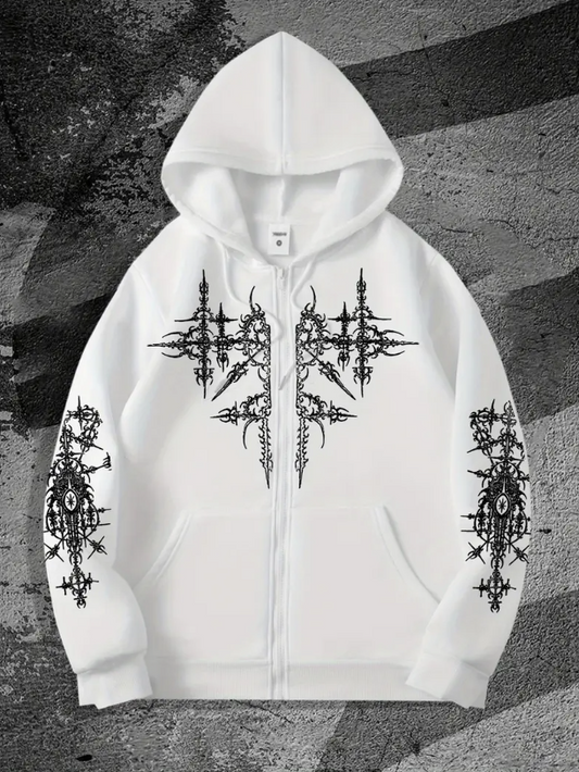 Men's Gothic Geometric Zip-Up Hoodie – Bold Black &amp; White Contrast Streetwear Pullover for Fall/Winter