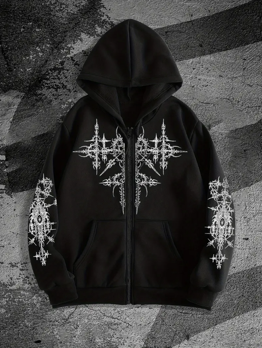 Men's Gothic Geometric Zip-Up Hoodie – Bold Black &amp; White Contrast Streetwear Pullover for Fall/Winter