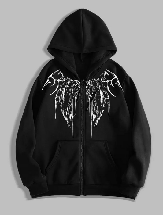 Men's Gothic Zip-Up Hoodie – Dark Streetwear Print, Ideal for Casual Outings